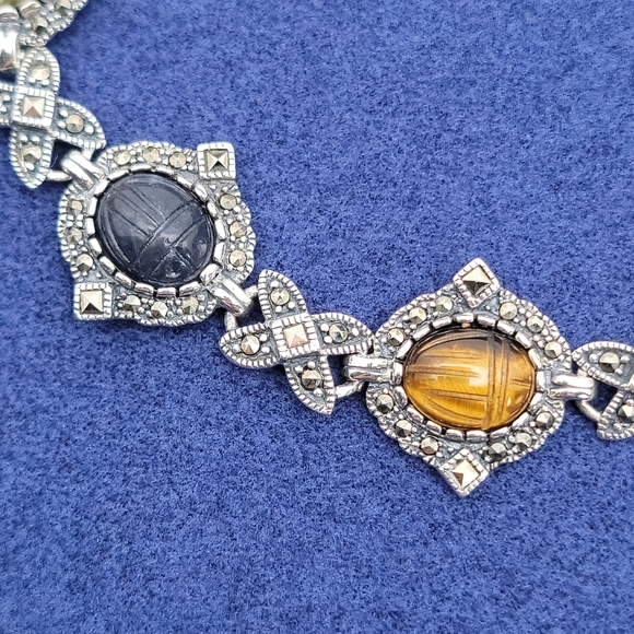 Vintage Sterling Silver Egyptian Revival Scarab Carved Gemstone Bracelet Size 7 - Picture 2 of 8